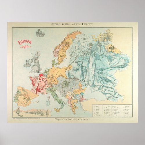 Vintage WWI Political Cartoon Map of Europe 1915 Poster