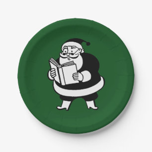 Vintage X-Mas Black & White Reading Santa on Green Paper Plates