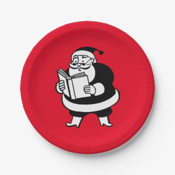 Vintage X-mas Black & White Reading Santa On Red Paper Plates by Angharad13 at Zazzle