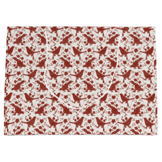 Vintage Xmas Songbirds and Linen Florals (Red) Large Gift Bag