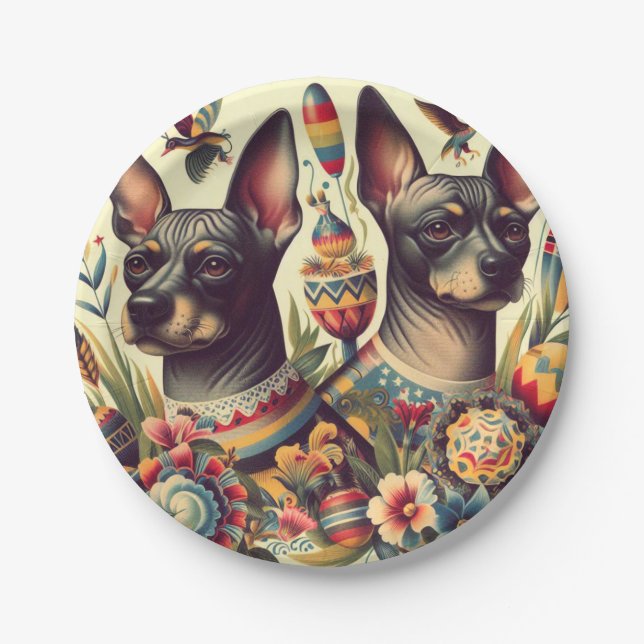 Vintage Xoloitzcuintle Illustration Paper Plates (Front)
