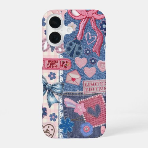 Vintage Y2K Blue Denim Collage Pink Ribbon Bow Cas iPhone 16 Case