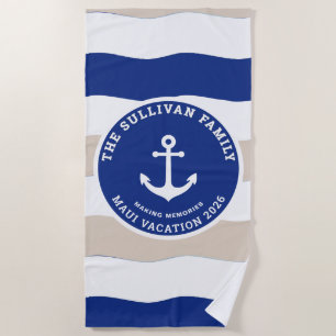 Vintage Yacht Club Navy Nautical Anchor Family Beach Towel