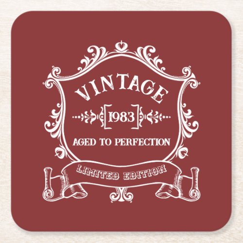 Vintage Year Aged to Perfection Custom Birth Year Square Paper Coaster