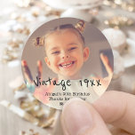 Vintage Year Retro Photo Snapshot Birthday Party Classic Round Sticker<br><div class="desc">Add a stylish personalized touch to birthday party favors, decorations, and thank you notes with fun "Vintage" year photo round stickers. All wording on this template is simple to customize for envelope seals or gift tags. The colors, font styles and overlay opacity are easy to change with the Zazzle Design...</div>