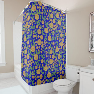 Vintage Yellow and Blue Rose Floral Pattern Shower Curtain