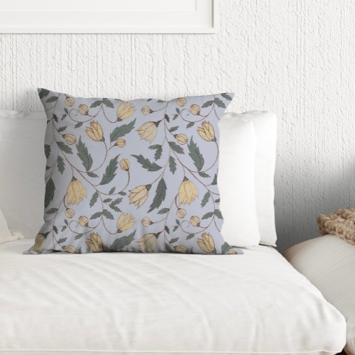Vintage Yellow and Green Illustrated Floral Throw Pillow