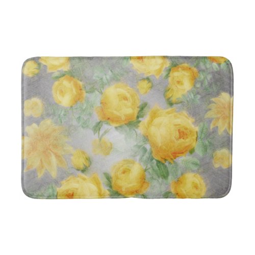 Vintage Yellow and Grey Watercolor Floral Bath Mat