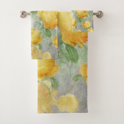 Vintage Yellow and Grey Watercolor Floral Bath Towel Set