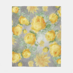 Vintage Yellow and Grey Watercolor Floral Fleece Blanket