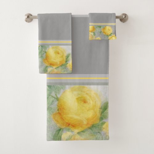 Vintage Yellow and Grey Watercolor Floral Line Bath Towel Set