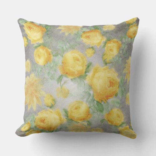 Vintage Yellow and Grey Watercolor Floral Outdoor Pillow
