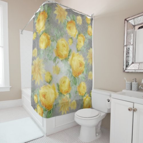 Vintage Yellow and Grey Watercolor Floral Shower Curtain