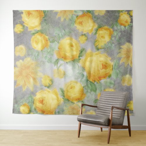 Vintage Yellow and Grey Watercolor Floral Tapestry