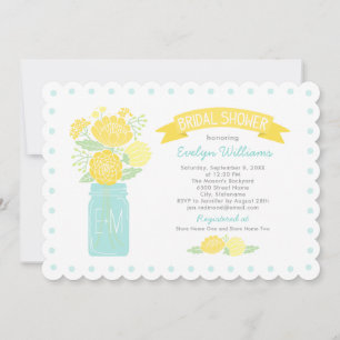 Vintage Yellow Aqua Floral Mason Jar Bridal Shower Invitation