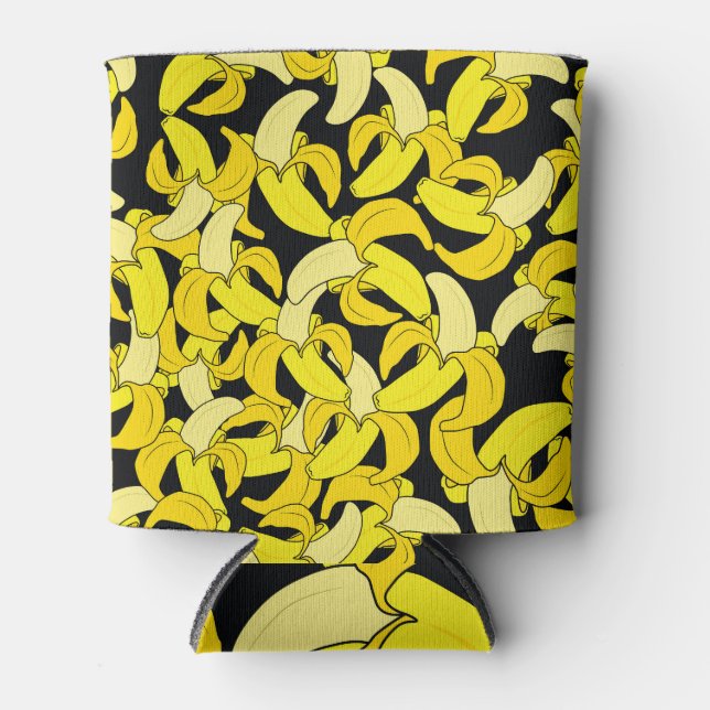 Vintage Yellow Bananas: Black Background Can Cooler (Front)