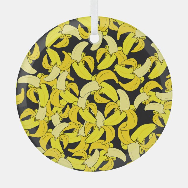 Vintage Yellow Bananas: Black Background Glass Ornament (Front)