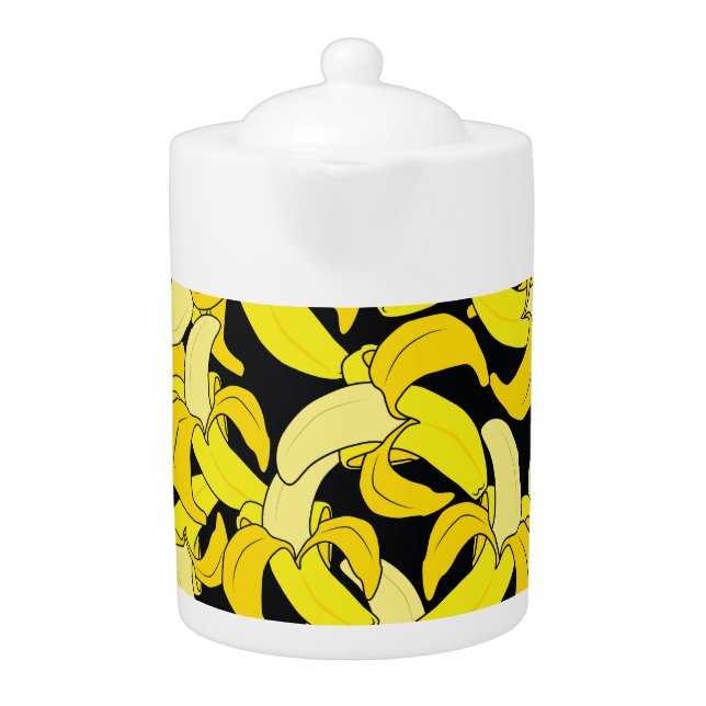 Vintage Yellow Bananas: Black Background Teapot (Front)