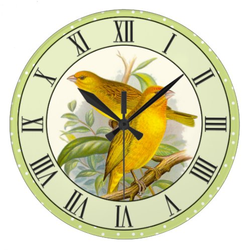 Vintage Yellow Birds Green Polka Dot Border Large Clock