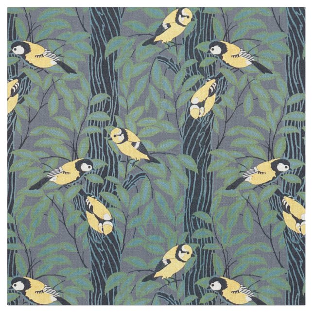 Vintage Yellow Birds in Trees Pattern Fabric (Close Up)
