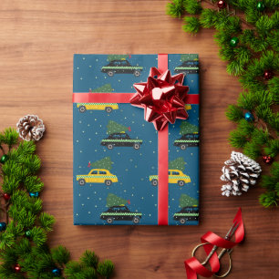 Vintage Yellow & Black Cab Taxi Christmas Blue Wrapping Paper