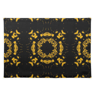 Vintage Yellow, Black Floral Damasks Retro Pattern Cloth Placemat