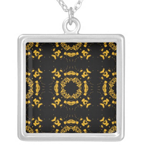 Vintage Yellow Black Floral Damasks Retro Pattern Silver Plated Necklace