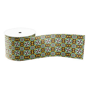Vintage Yellow Blue Brown Barcelona Pattern Grosgrain Ribbon