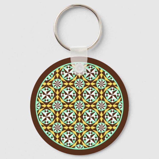 Vintage Yellow Blue Brown Barcelona Pattern Keychain (Front)
