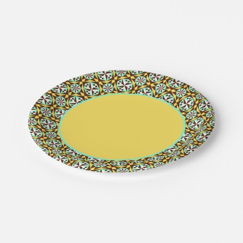 Vintage Yellow Blue Brown Barcelona Pattern Paper Plates