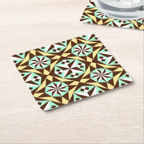 Vintage Yellow Blue Brown White Barcelona Pattern Square Paper Coaster