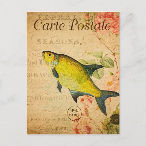 Vintage Yellow Bream Fish Floral French Postcard