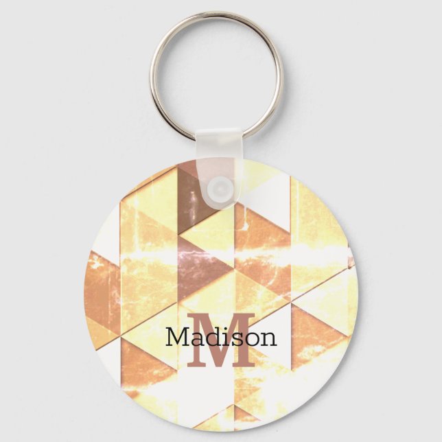 Vintage yellow brown geometric pattern Monogram Keychain (Front)