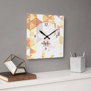Vintage yellow brown geometric pattern Monogram Square Wall Clock