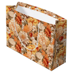 Vintage yellow burnt orange beige tan flowers large gift bag