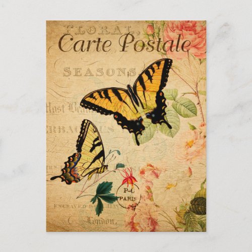 Vintage Yellow Butterflies Floral Flowers French Postcard
