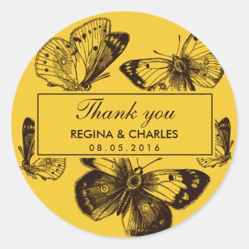 Vintage Yellow Butterfly Wedding Thank You Sticker