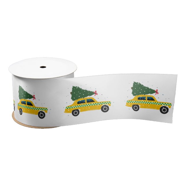 Vintage Yellow Cab Taxi Christmas Pattern  Satin Ribbon (Spool)