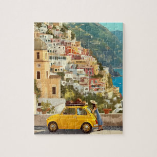 Vintage Yellow Car and Amalfi Coast Jigsaw Puzzle