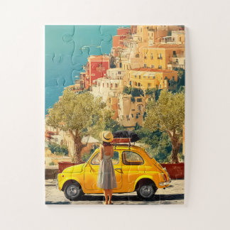 Vintage Yellow Car by the Amalfi Coast, Positano Jigsaw Puzzle