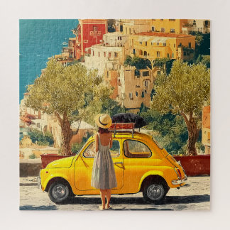 Vintage Yellow Car by the Amalfi Coast, Positano Jigsaw Puzzle