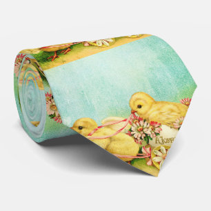 Vintage Yellow Chick And Tulip Easter Greeting Neck Tie