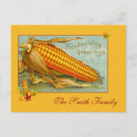 Vintage Yellow Cob of Corn Thanksgiving Greetings Holiday Postcard