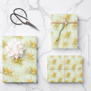 Vintage Yellow Daffodil Floral Flower Flat Wrapping Paper Sheets