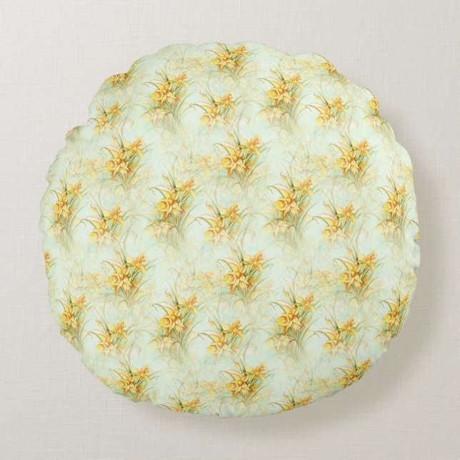 Vintage Yellow Daffodil Floral Flower Round Pillow (Front)