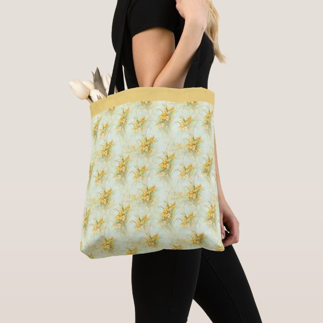 Vintage Yellow Daffodil Floral Flower Tote Bag (Close Up)