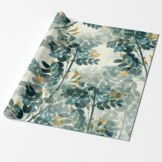 Vintage Yellow Floral Leaf Plant Wrapping Paper (Unrolled)