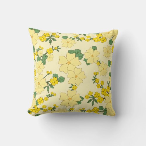 Vintage Yellow Floral Pattern Illustration Throw Pillow