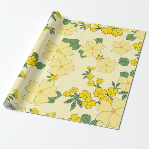 Vintage Yellow Floral Pattern Illustration Wrapping Paper