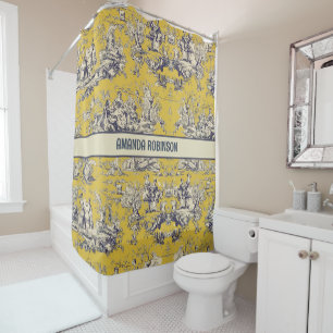 Vintage Yellow Floral Toile de Jouy Lake Monogram Shower Curtain